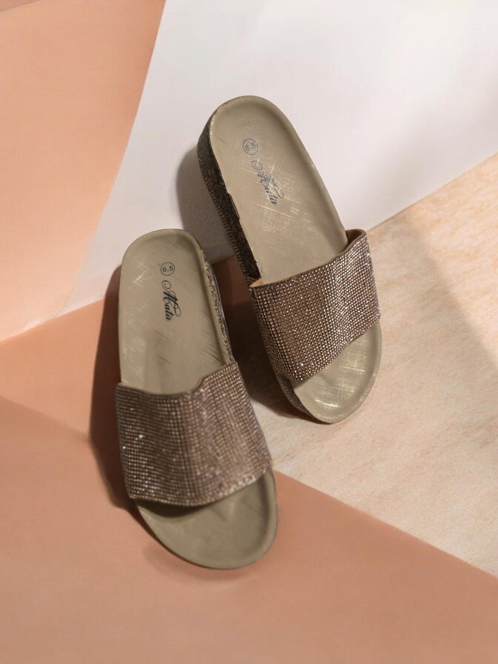 Embellished Slide Sandals in Taupe - Women's Fashion Slides Size 7